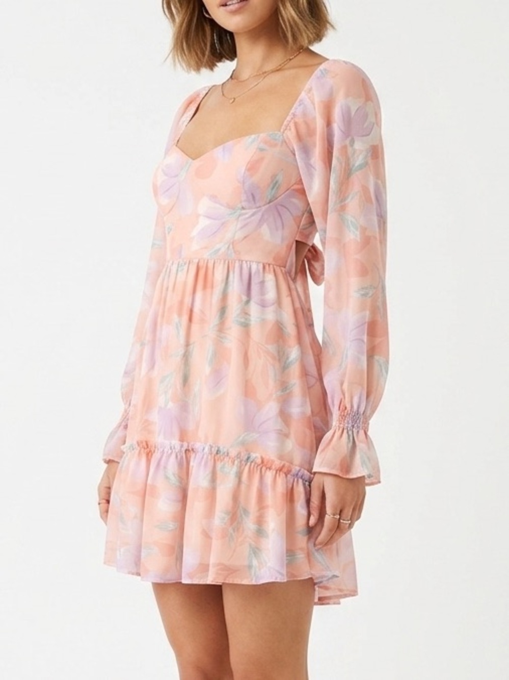 NWT Dress Up Floral Open Back Tie Mini Dress Size L Long Sleeve Paechy Boho